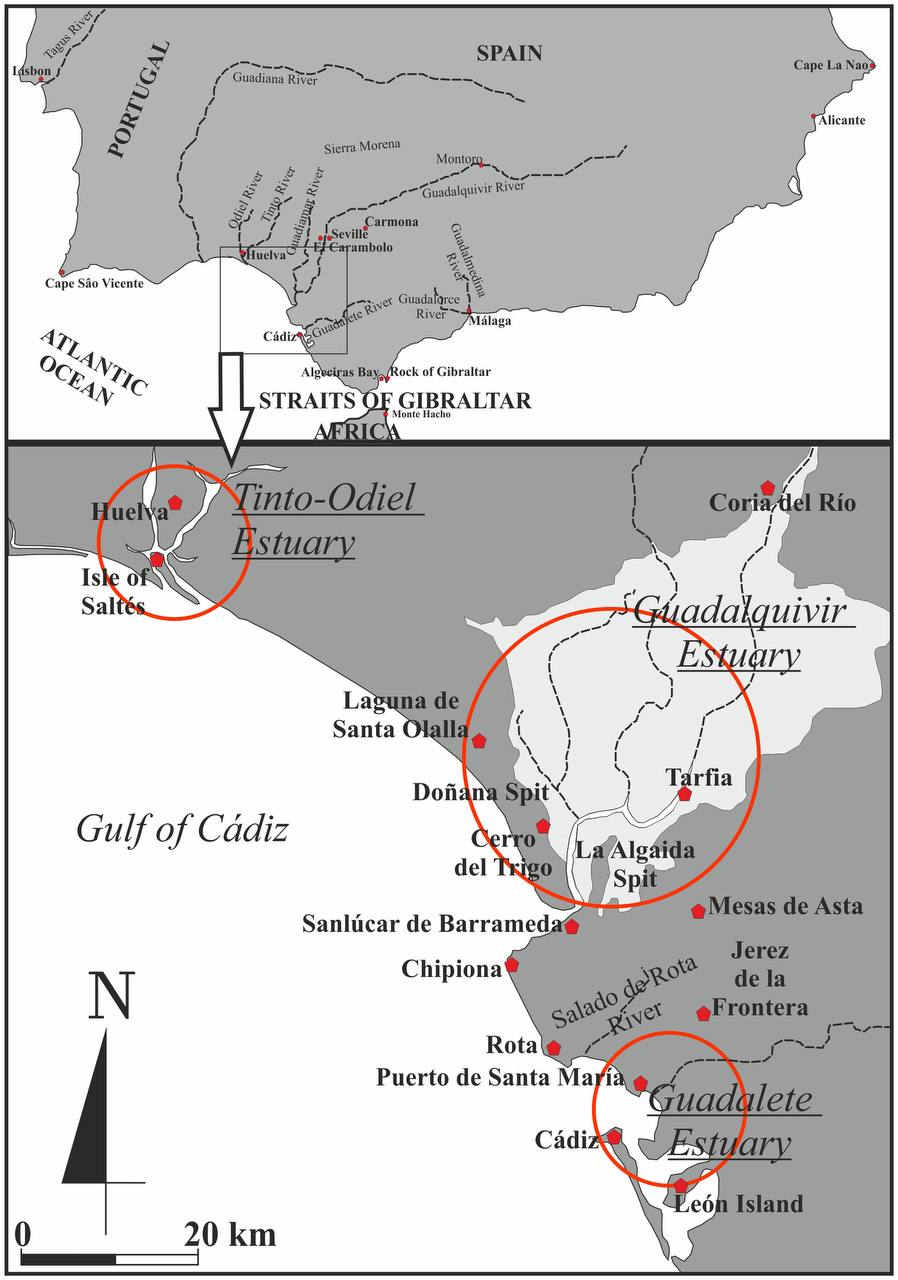 Map of Guadalquivir estuary showing paleo-coastline reconstruction